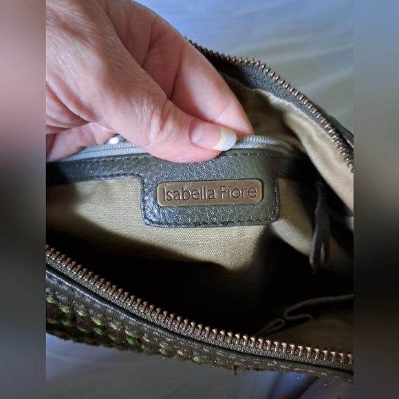 Isabella Fiore Large Green Woven Pine Cone Genuine Leather Hobo Handbag - Picture 11 of 14